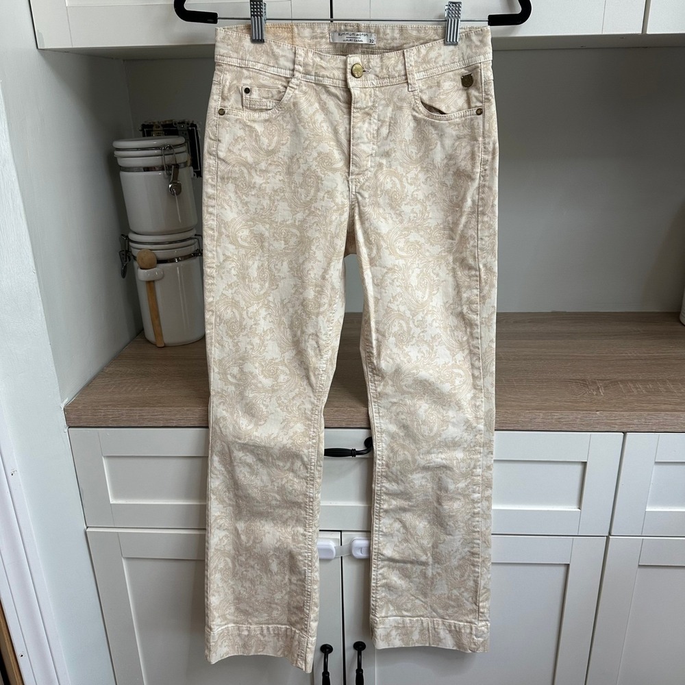 Summum Woman Luxury Casual Paisley print Straight Leg Pants XS Stretch Earthy